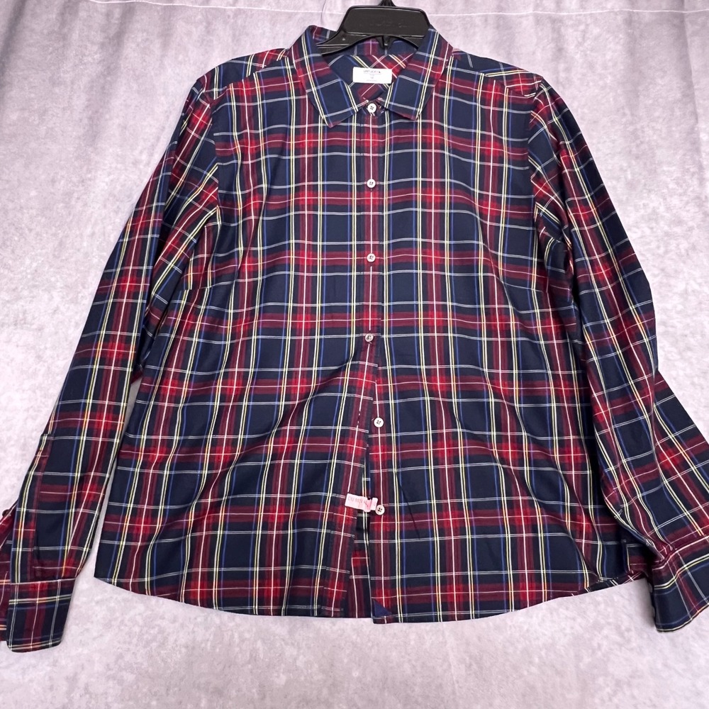 UNTUCKit Button Down Women 14 Navy Red Plaid Excellent Long Sleeve Tartan‎ Shirt